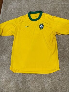 Vintage Nike Brazil CBF Soccer Jersey Yellow Green Dri-Fit Men’s Small